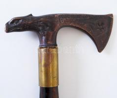 cca 1930 Turulfejes réz fokos fa nyéllel / 
Copper axe forming a turul's head, 89cm