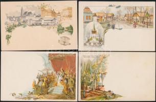 1896 Ezredéves Országos Kiállítás - 8 darabos, 2kr díjjegyes képeslapsorozat; megíratlan lapok, közt...