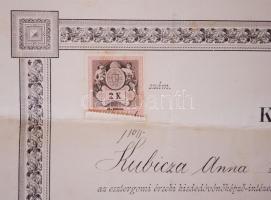 1899 Kisdedóvói oklevél Esztergomból 2k okmánybélyeggel 60x50 cm