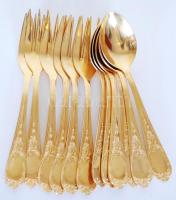 Jelzett,hat személyes aranyozott nemes acél evőeszköz készlet, villákon kis kopással, összesen: 38 d...