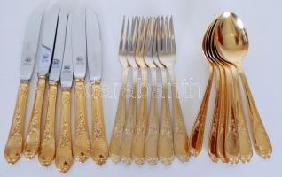 Jelzett,hat személyes aranyozott nemes acél evőeszköz készlet, villákon kis kopással, összesen: 38 d...