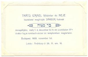 1909 Tkács Izrael főkántor dombornyomott meghívó kártyája fiának Bár micvá ünnepélyére 14x9 cm