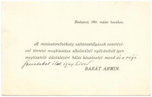 1911 Barát Ármin, író és hírlapíró, miniszterelnöki sajtóosztály vezető köszönő-kártyája, saját kézzel írt soraival