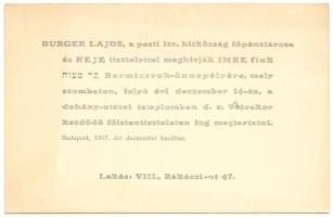 1907 Burger Lajos a pesti izr. hitközség főpénztárosának meghívója fiúk Bár micvá ünnepségére