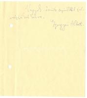 1957 Gyergyai Albert magyar irodalomtörténész, író saját kézzel írt levele, melyben megtartandó Kass...