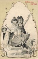 Easter bunny, girls, litho (EK)