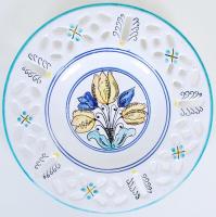 Kézzel festett jelzett kerámia dísztányér G.Zs. mesterjeggyel /  Hand painted ceramic plate with maker's mark, d: 25cm