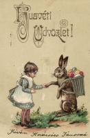 Easter, girl, bunny, eggs, litho, Emb.