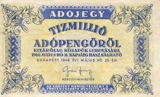 1946. 10.000.000Adóp. vízjel nélkül, hátlapi nyomat erősen jobbra csúszva T:I-