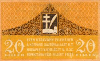 Budapest, Központi Sajtóvállalat R.T. 20f 1919. T:II