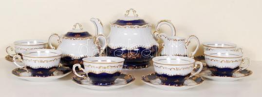 Zsolnay Pompadour teás készlet, összesen: 15 db, jelzett, hibátlan/ Flawless Zsolnay chinaware tea set for 6 p.