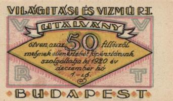 Budapest 1920. "Világítási és Vízmű R.T." Utalványa 20f, 50f, 1K, 2K, 5K, 10K T:I