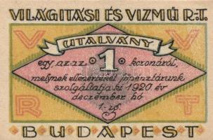Budapest 1920. "Világítási és Vízmű R.T." Utalványa 20f, 50f, 1K, 2K, 5K, 10K T:I