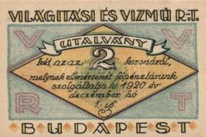 Budapest 1920. "Világítási és Vízmű R.T." Utalványa 20f, 50f, 1K, 2K, 5K, 10K T:I