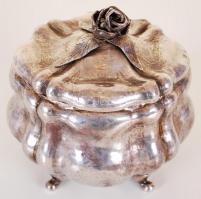 Rózsás cukortartó, ezüstözött alpakka, ötvös munka, jelzett, jó állapotban, m:12 cm, sz:11 cm, h:13 ...