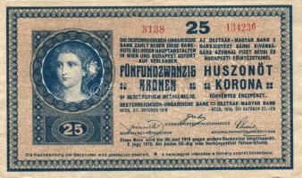 1918. 25K "hullámos hátlap", 3000-en felüli sorszám (magyar kiadás), "K" betűben látványos lemezhiba T:II