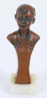 cca 1920 Éneklő kisfiú szecessziós festett spiáter büsztje alabástrom talapzaton /  Art nouveau bust of a singing boy from painted zamak on alabaster stand, 10cm