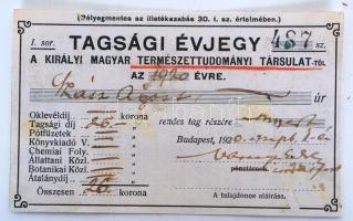 1920 A kir. Magyar Természettudományos Társulat tagsági igazolványa Szász Ágost részére
