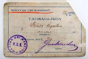 1921 Magyar Úri Casino tagsági igazolványa Szász Ágoston ezredes részére