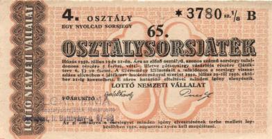 1950. "65. Osztálysorsjáték" 4.osztály 1/8 sorsjegy T:I