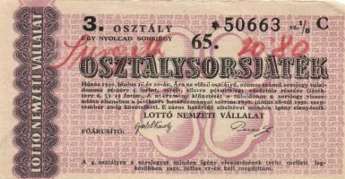 1950. "65. Osztálysorsjáték" 3.osztály 1/8 sorsjegy T:I-