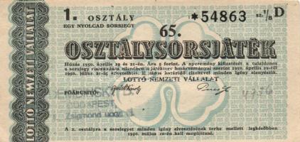 1950. "65. Osztálysorsjáték" 1.osztály 1/8 sorsjegy T:I