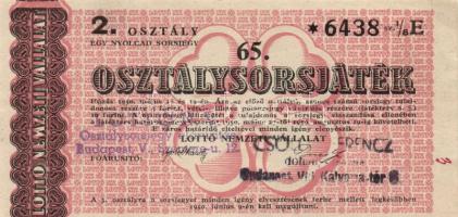 1950. "65. Osztálysorsjáték" 2.osztály 1/8 sorsjegy T:I