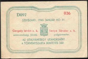 Szekszárd 1945. Utalványjegy 1P értékben T:I-