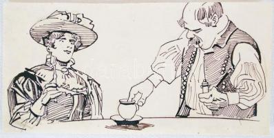 Mühlbeck Károly (1869-1943): Illusztrációk 4db Gárdonyi Géza: Göre Gábor bíró úr sorozatából, tus, p...