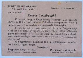 1949 A Független Kisgazda Párt VIII. kerületi szervezetének személyre szóló felkérése szavazatszedő ...