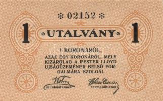 ~1920. "Pester Lloyd" utalvány 1K bélyegző nélkül (5x) egymás utáni sorszámmal! T:I