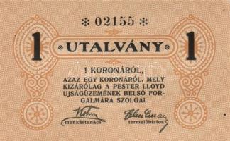 ~1920. "Pester Lloyd" utalvány 1K bélyegző nélkül (5x) egymás utáni sorszámmal! T:I