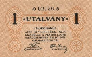 ~1920. "Pester Lloyd" utalvány 1K bélyegző nélkül (5x) egymás utáni sorszámmal! T:I