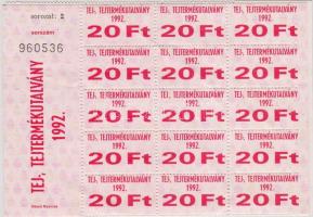 1992. Tejtermékutalvány 20Ft 15-ös ív + 15-ös ív bélyegzővel T:I