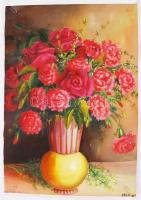 Olvashatatlan jelzés: Rózsás csendélet. Olaj, vászon, 47×34 cm, apró hibákkal