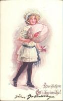 Greeting card, girl with flower, artist signed (small tear)