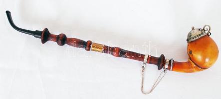 Régi tajtékpipa nikkel kupakkal, fém berakással, ezüst (Ag) elemekkel díszített modern szárral /  Vintage pipe, 31cm