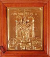 1960 Bronzírozott fém plakett a Müncheni Eucharisztikus Világkongresszus emlékére, fa keretben /  Metal plaque from the Munich Eucharistic World Congress, framed, 22,5x20cm