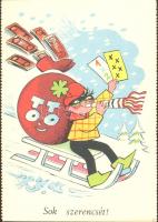 Totó-lottó reklám üdvözlőlapon, s: Macskássy Gyula / Hungarian lottery advertisement