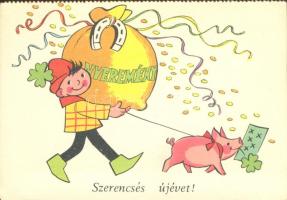 Totó-lottó reklám üdvözlőlapon, s: Macskássy Gyula / Hungarian lottery advertisement (EK)