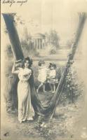 Lady with children, series, letter 'V'
