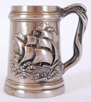 Kis, fémbevonatú ónkupa hajós jelenetekkel /  Tiny tin jug with sailing motives, 8cm