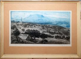 Palitz József (1931-): Becei táj. Színezett rézkarc, papír, jelzett, üvegezett keret, 43×52 cm