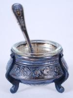 Ezüstözött mini fűszertartó üvegbetéttel és kanállal, jelzett /  Mini spice holders
