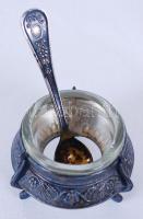 Ezüstözött mini fűszertartó üvegbetéttel és kanállal, jelzett /  Mini spice holders