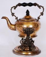 Réz teafőző borszesz égővel, fa markolattal, jó állapotban, m:23 cm, h:22 cm, sz:18 cm