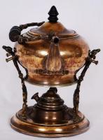 Réz teafőző borszesz égővel, fa markolattal, jó állapotban, m:23 cm, h:22 cm, sz:18 cm
