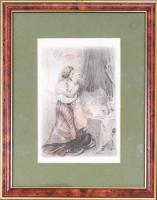 Jelzés nélkül [cca 1900]: Erotikus jelenet. Színezett rézkarc, üvegezett keretben, 29x23cm