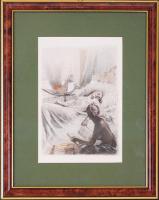 Jelzés nélkül [cca 1900]: Erotikus jelenet. Színezett rézkarc, üvegezett keretben, 29x23cm