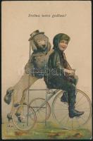 New year, chimney sweeper, dog, bicycle, litho, Emb.
